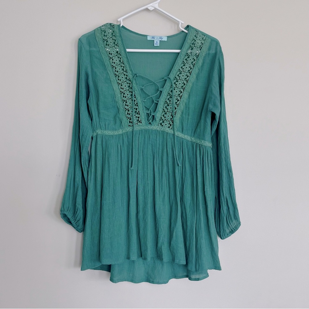 She + Sky Green Boho Crochet Flowy Tunic
